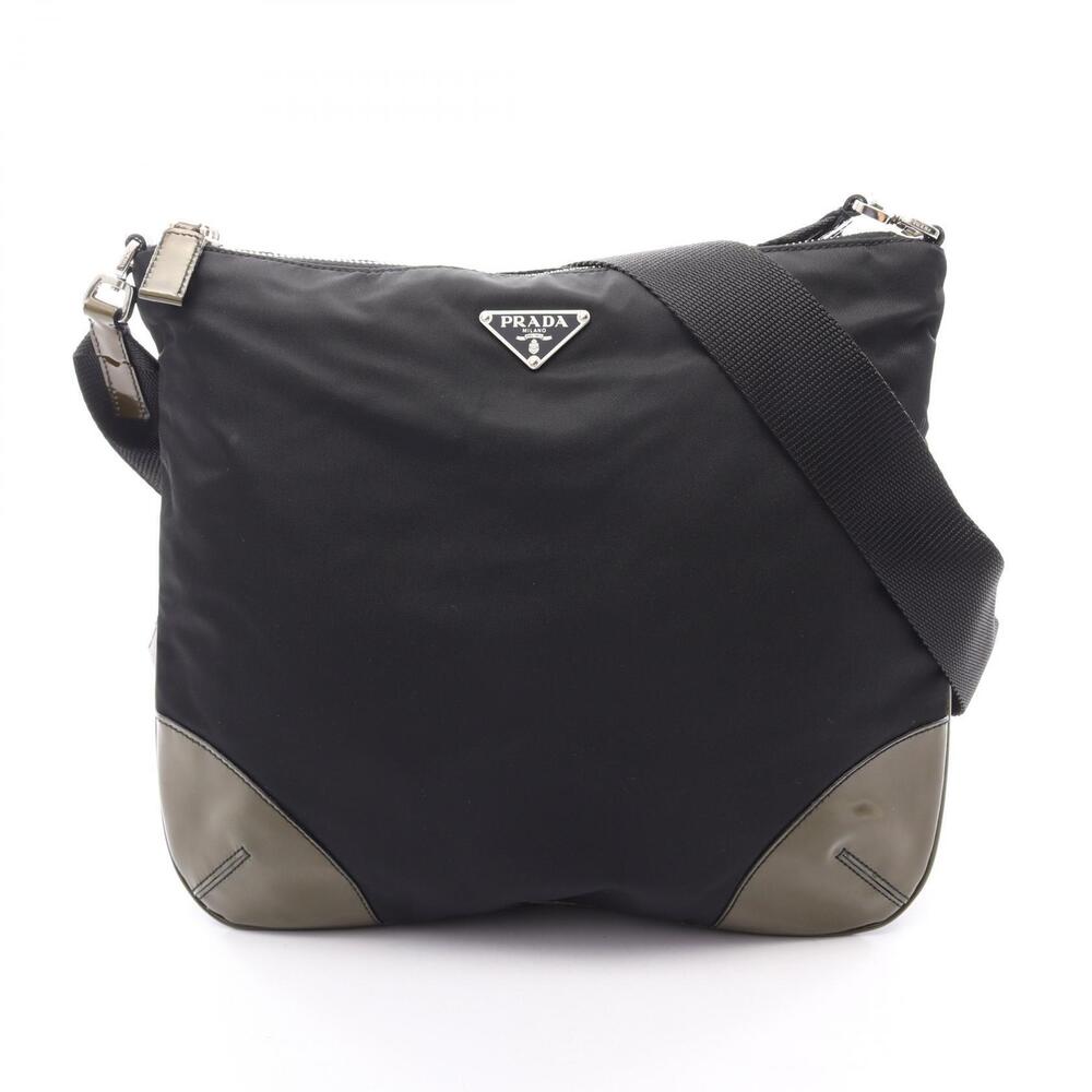 Prada TESSUTO Shoulder Bag Patent Vernis Leather Black Khaki Green